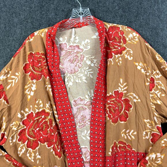 Free People Kimono Women's Small Red Brown Floral Open Front - Picture 2 of 7
